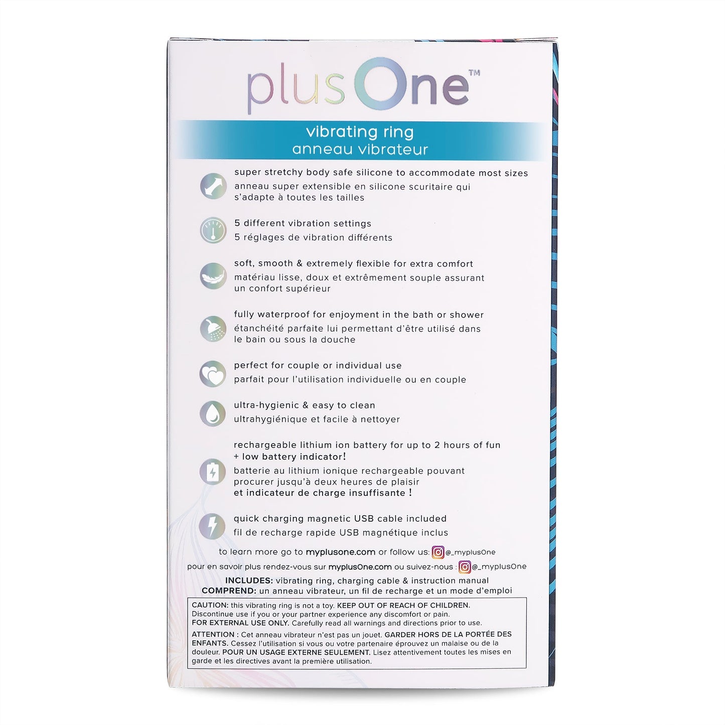 PlusOne Vibrating Ring packaging with USB cable
