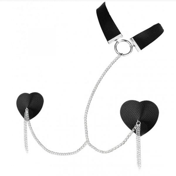Dominatrix Leather Collar & Chain-Linked Pasties Set