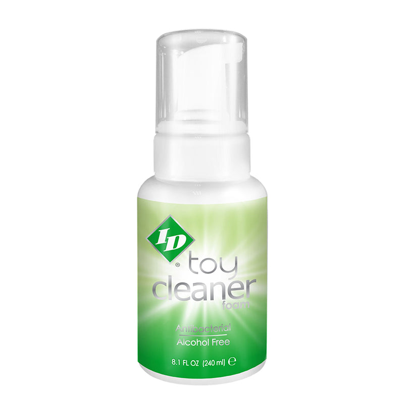 Bottle of ID Toy Cleaner with a green and white label, indicating alcohol-free, 8.1 oz (250 ml).