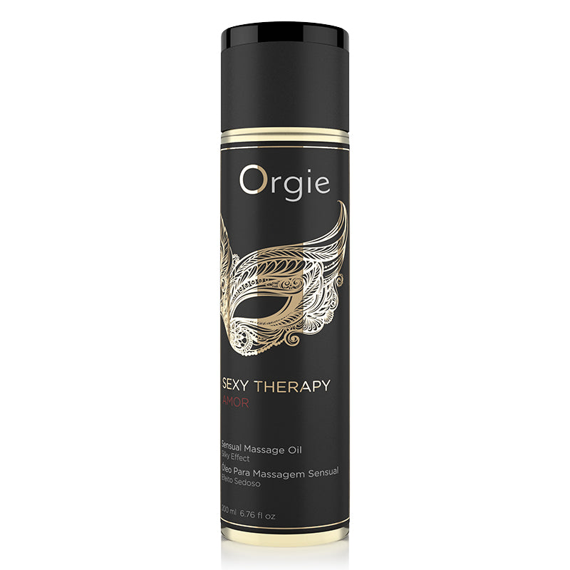 A canister of Orgie Sexy Therapy Amor Hybrid Massage Oil with a black and gold design, indicating a premium mineral oil blend with sweet almond oil and grape seed oil.