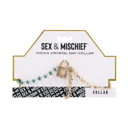 Sportsheets Indica crystal day collar with green gems, gold chain, and lock