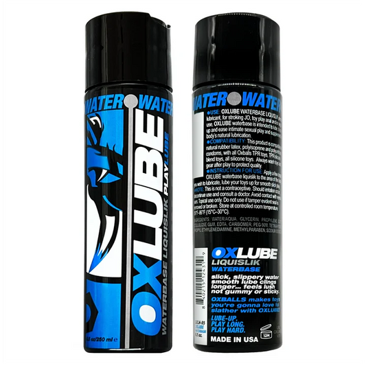 Oxballs Oxlube Waterbase Liquisilk Playlube bottles – 4.4oz and 8.5oz thick water-based lube for intense play
