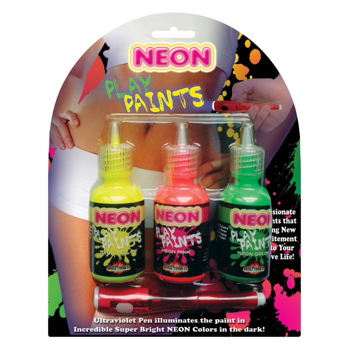 Hott Products Neon Body Play Paints 3 Pack with UV pen glowing in bright neon colors under black light