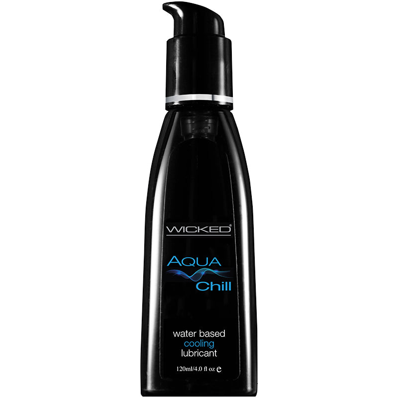 Wicked Aqua Chill Cooling Lubricant – 2oz and 4oz water-based tingling lube with peppermint, menthol, and ginger