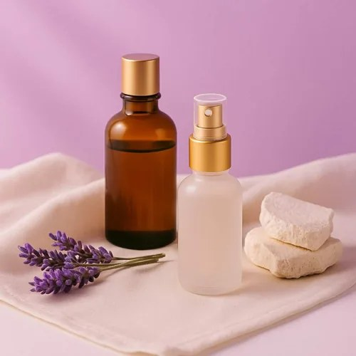 Sex Essentials – Aromatherapy bottles with lavender, soft towel, and soothing purple background