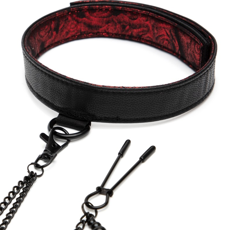 Sweet Anticipation Collar & Nipple Clamps with rose print and chain detail