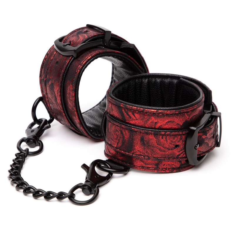Fifty Shades of Grey Sweet Anticipation Wrist Cuffs in red-black rose pattern with chain