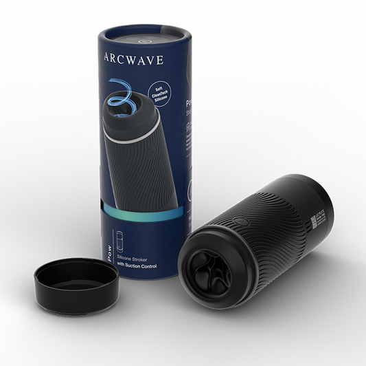 A black premium manual stroker with textured CleanTech Silicone sleeve, displayed next to its product box which highlights its features and specs.