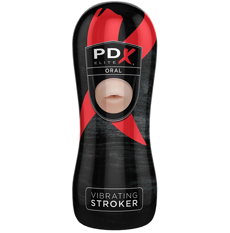 PDX Elite Vibrating Oral Stroker packaging showing Fanta Flesh material and travel-friendly design
