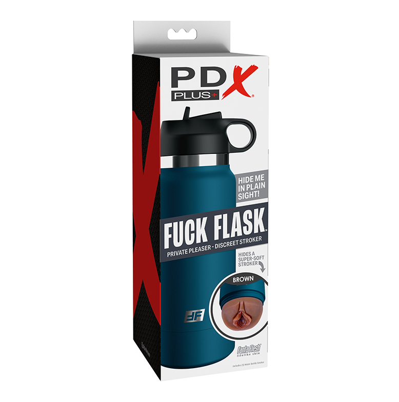 Pipedream PDX Plus Fuck Flask disguised as blue water bottle with realistic stroker inside
