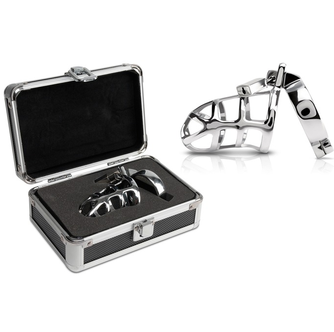 Pipedream Metal Worx premium stainless steel cock cage chastity device with hand-polished mirror finish
