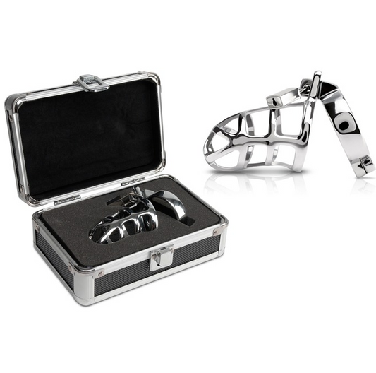 Pipedream Metal Worx premium stainless steel cock cage chastity device with hand-polished mirror finish
