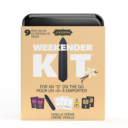 Kama Sutra Weekender Kit – Vanilla Crème with mini vibe, flavored oil, lubes, and play cards in travel tin | PurpleNight.ca