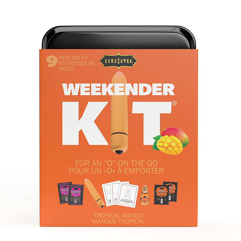 Kama Sutra Tropical Mango Weekender Vibe Kit – bullet vibe, flavored oils, lubes, and play cards in black travel tin  | PurpleNight.ca