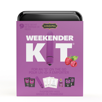 Kama Sutra Weekender Kit – Raspberry Kiss flavor with mini vibe, flavored oil, lubes, and play cards in black tin  | PurpleNight.ca