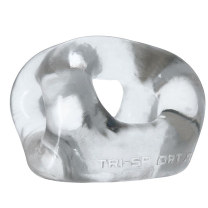 A clear, thicker cocksling with three different-sized rings, each with a curved shape, made from a rubbery material. The product has a glossy finish and is labeled with the brand name 'OXBALLS' and the product name 'TRISPORT XL'.