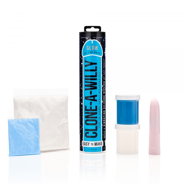 Vibrating penis replica casting kit in glowing blue silicone