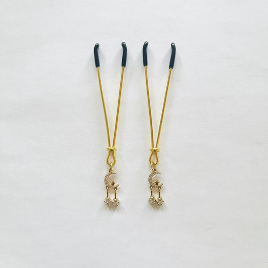 Gold nipple clamps with rhinestone crescent moon and double dangling star chains – PurpleNight.ca
