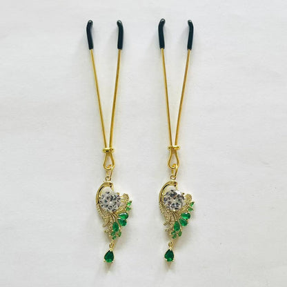 Peacock design gold nipple clamps with green gemstone feathers and emerald teardrop – PurpleNight.ca