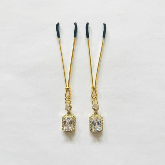 Gold nipple clamps with rectangular clear gem and crystal accent – PurpleNight.ca