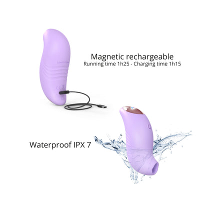 A small, ergonomically designed clitoral stimulator in blush pink, featuring a flapping silicone membrane and LED-lit button.