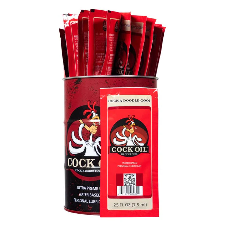 Collector’s Edition Cock Oil branded drum with 25 foil packets of water-based lubricant
