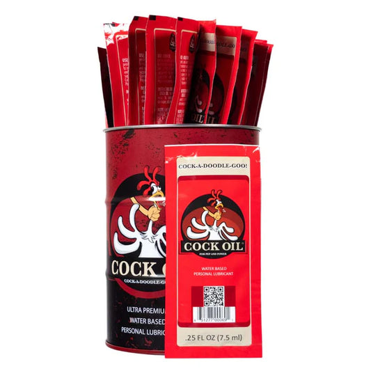 Collector’s Edition Cock Oil branded drum with 25 foil packets of water-based lubricant