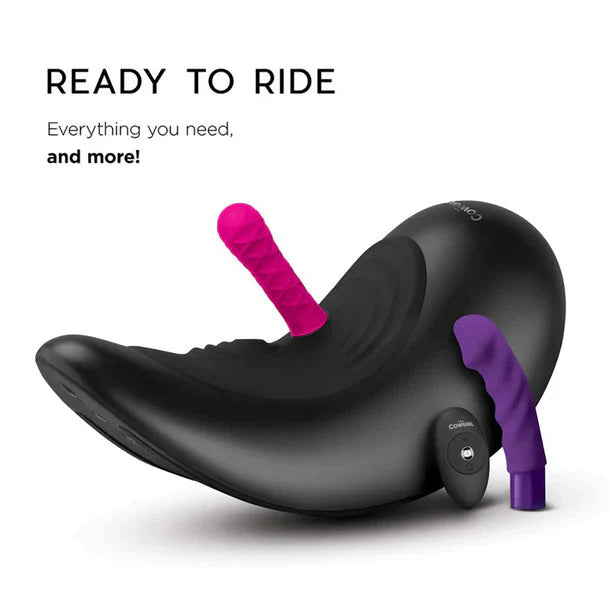 Cowgirl Saddle Machine riding-style device with interchangeable attachments and wireless remote