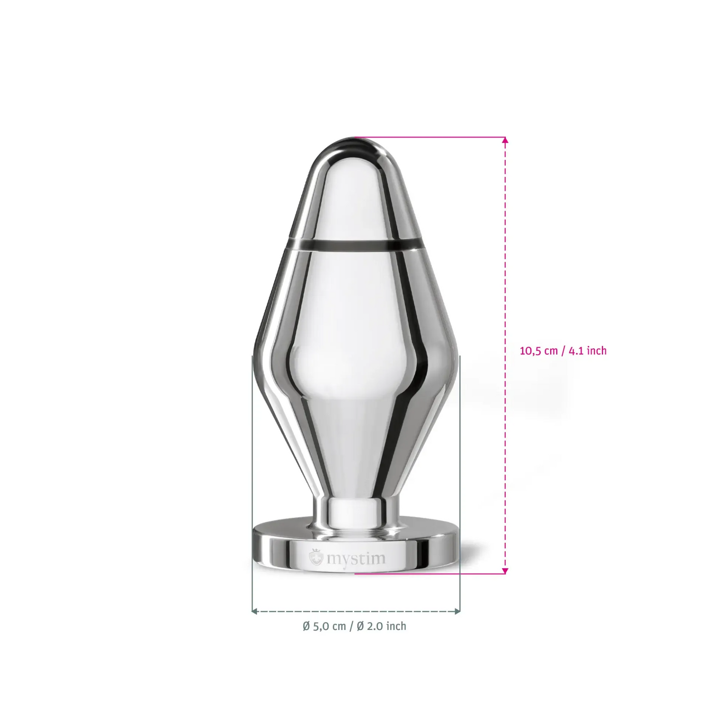 Mystim John Butt Plug Size L in polished aluminum finish, E-Stim compatible anal toy