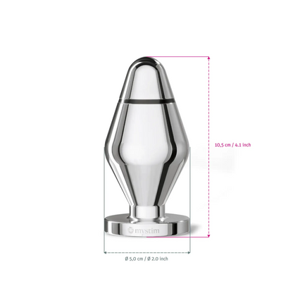 Mystim John Butt Plug Size L in polished aluminum finish, E-Stim compatible anal toy