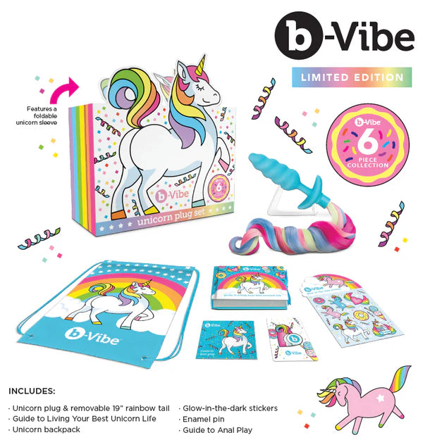  b-Vibe Unicorn Plug Set – Vibrating anal plug with rainbow tail, backpack, stickers, and enamel pin