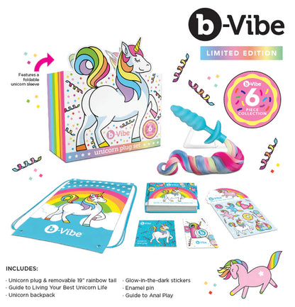  b-Vibe Unicorn Plug Set – Vibrating anal plug with rainbow tail, backpack, stickers, and enamel pin