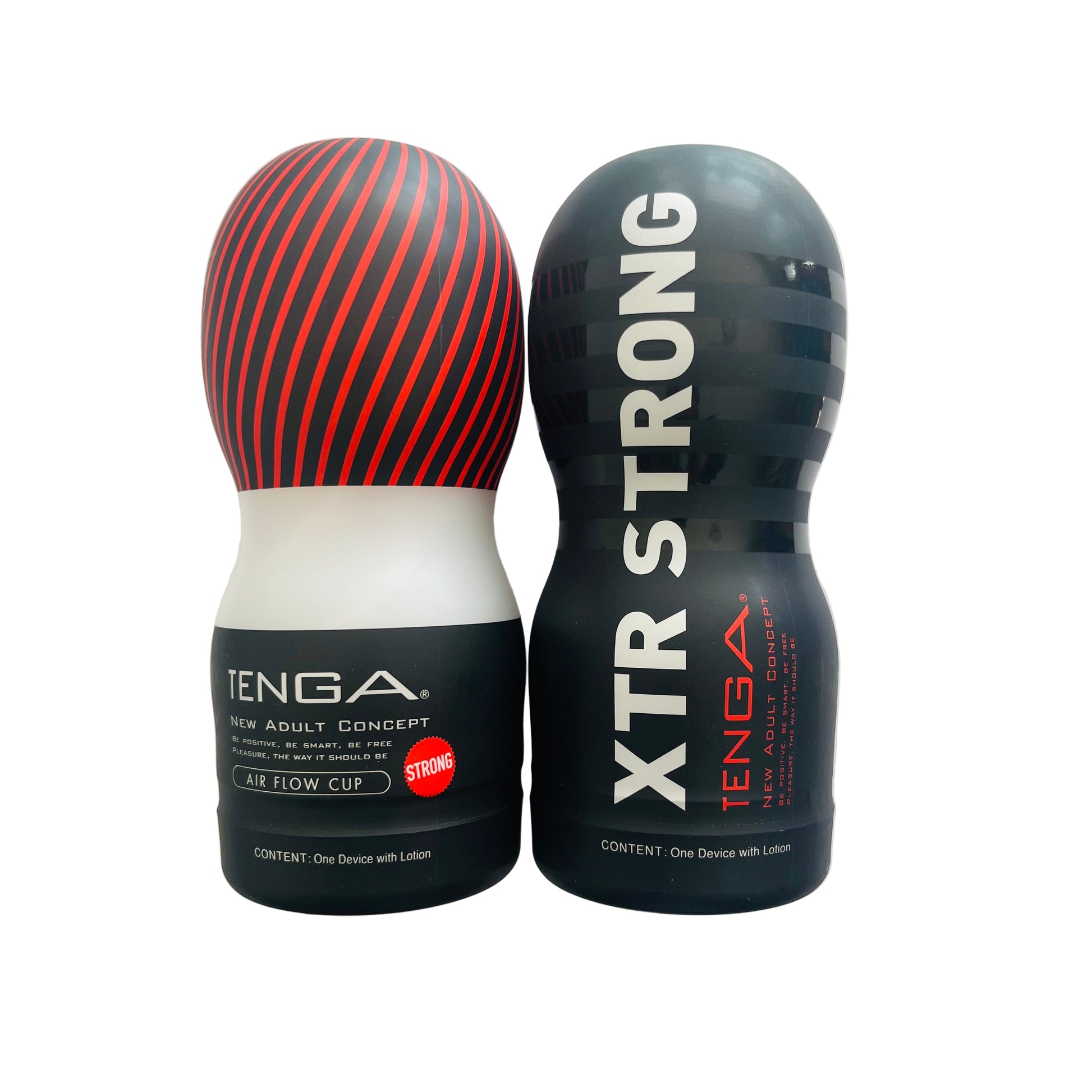 Two black Tenga branded male masturbators, one with red stripes and the other with 'XTR STRONG' text on the surface.