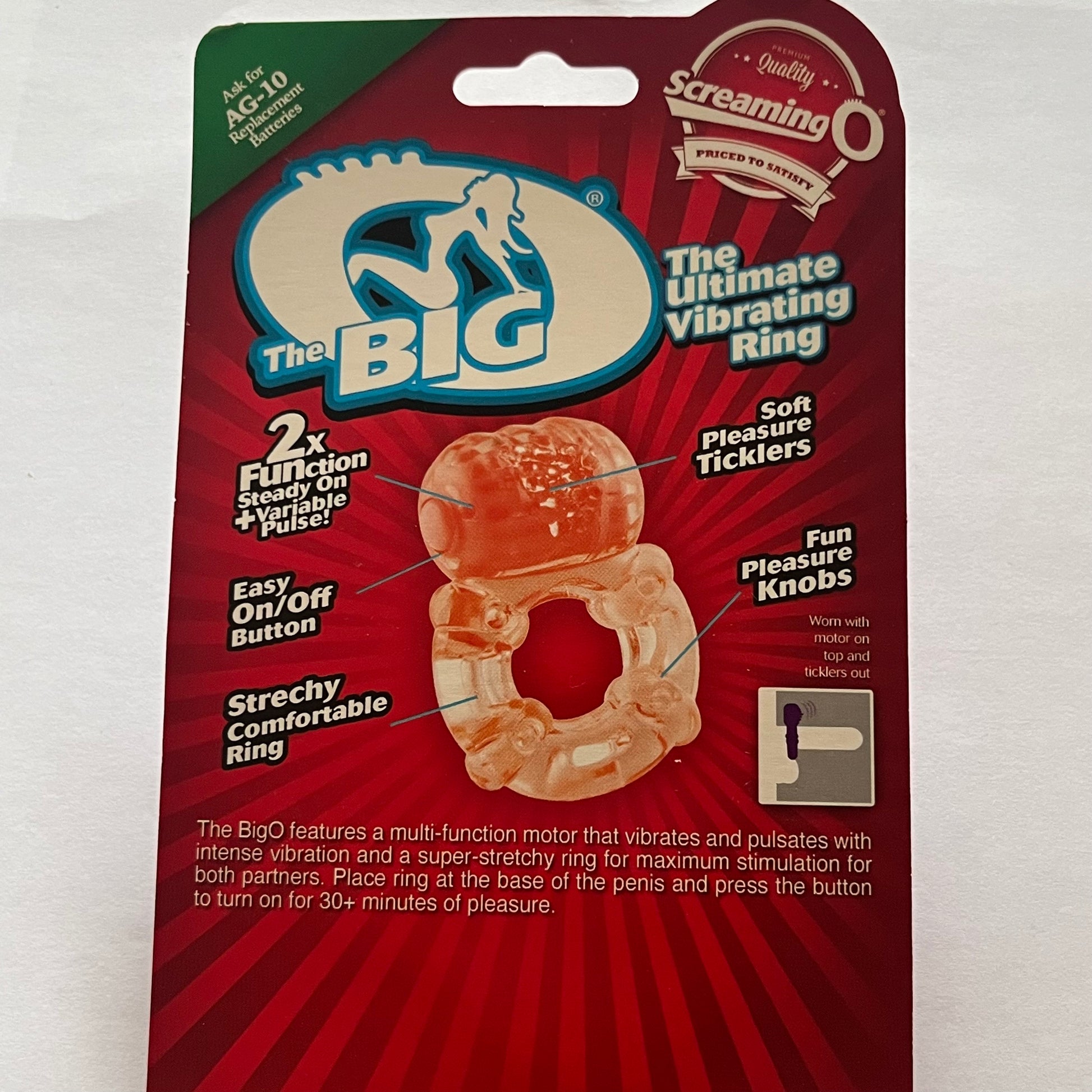 Product packaging for 'The Big O' vibrating ring on a white background