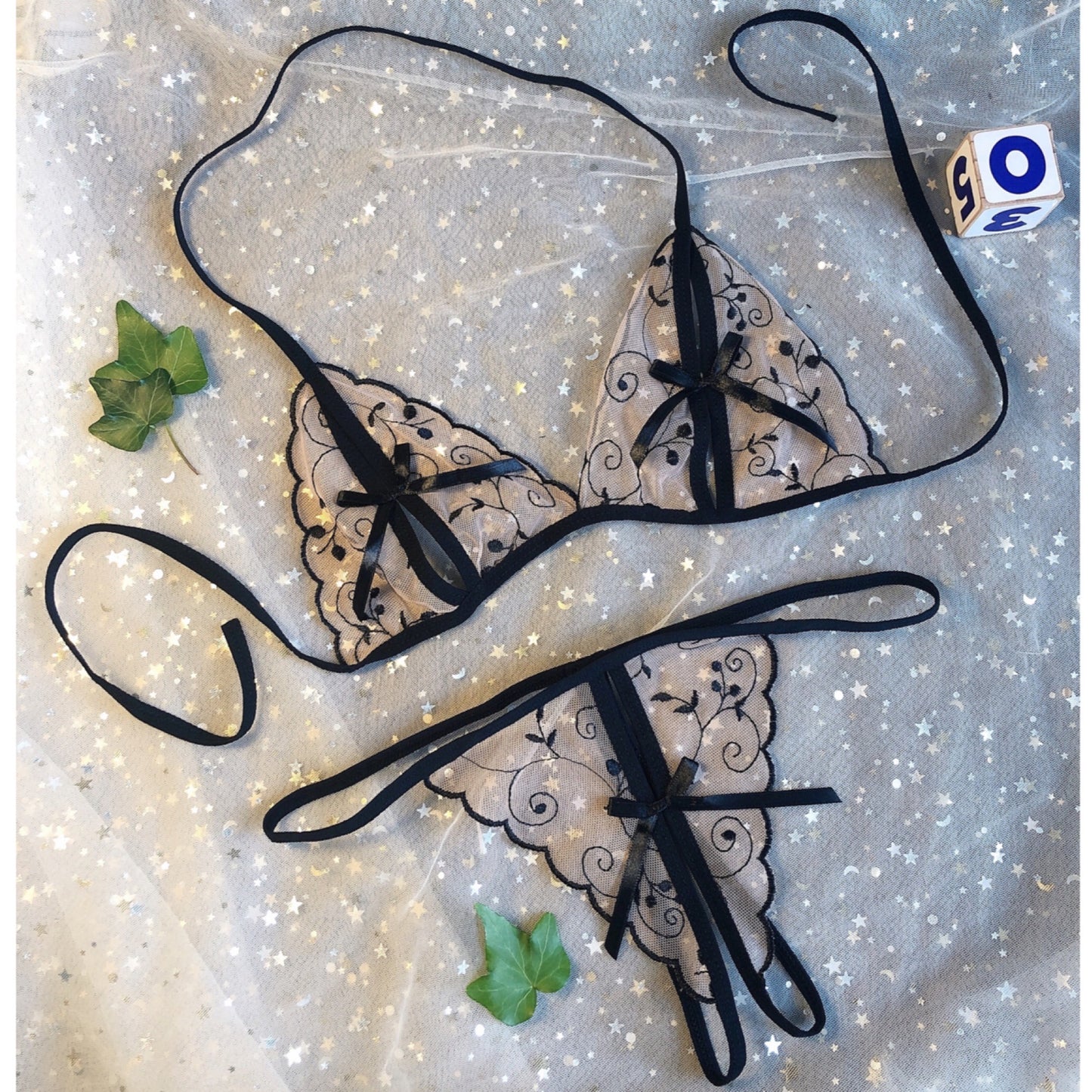 Sheer Embroidered Open Cup Lingerie Set