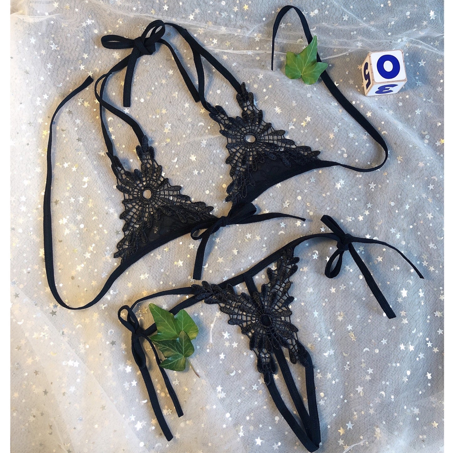 Black Floral Lace Tie-Up Open Lingerie Set