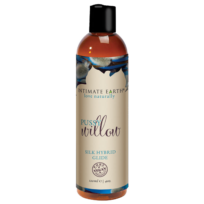 Bottle of Intimate Earth Pussy Willow Hybrid Silk Glide with a label showing organic licorice root and the brand's logo.