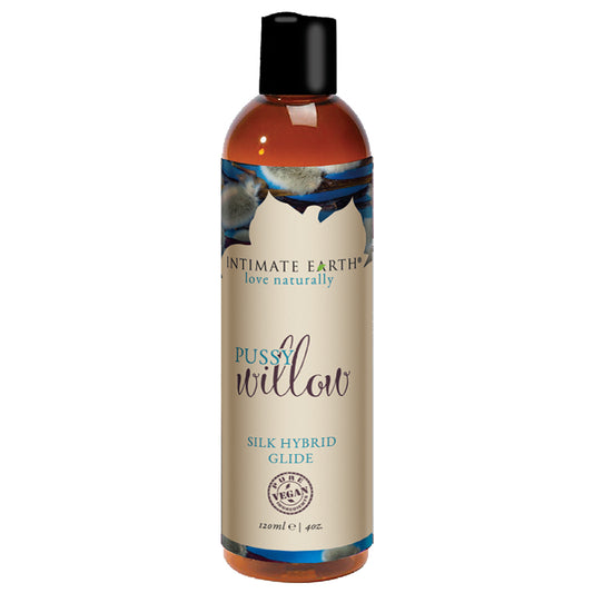 Bottle of Intimate Earth Pussy Willow Hybrid Silk Glide with a label showing organic licorice root and the brand's logo.