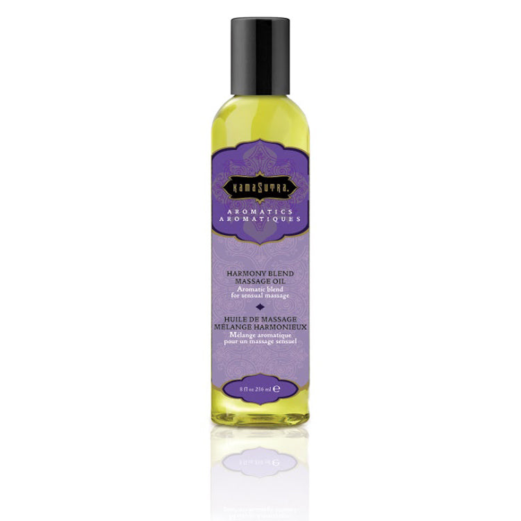 Bottle of Kama Sutra Aromatic Massage Oil with 'Harmony Blend' label, 8 oz size.