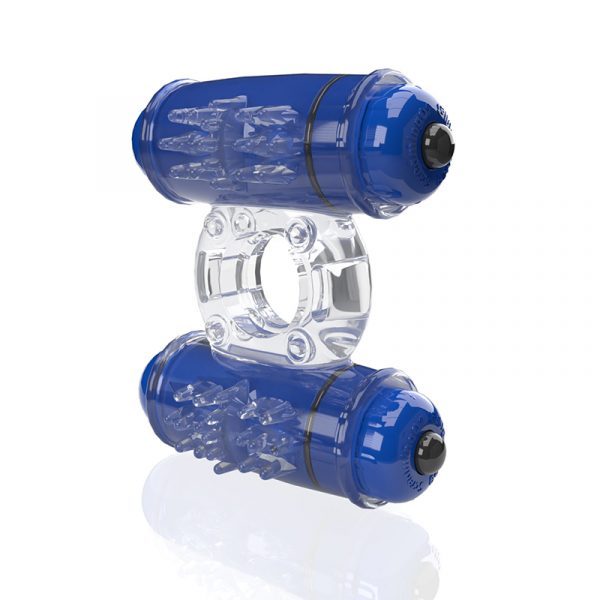 Screaming O 4B Double Wammy vibrating cock ring – clear stretchy ring with dual motors, waterproof and beginner-friendly couples toy.