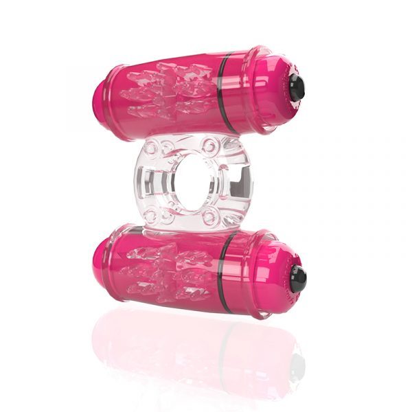 Screaming O 4B Double Wammy vibrating cock ring – clear stretchy ring with dual motors, waterproof and beginner-friendly couples toy.