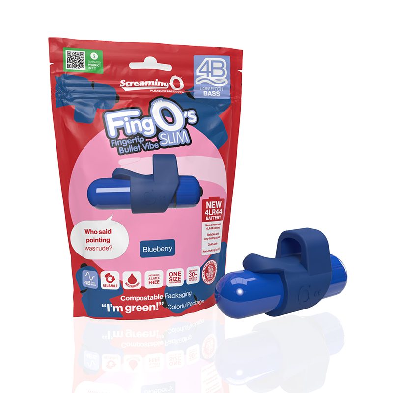 Blue Fing-O's FingerTip Bullet Vibe Slim product with packaging on a white background