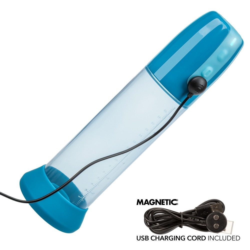 CalExotics Optimum Series Rechargeable Advanced Waterproof Pump – automatic suction penis pump with silicone donut and clear measurement cylinder