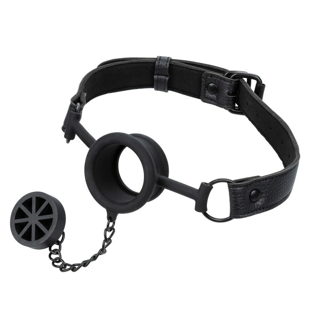 CalExotics Nocturnal Collection Stopper Gag with silicone mouthpiece, adjustable strap, and double-stitched design for open or closed mouth bondage play