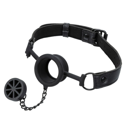 CalExotics Nocturnal Collection Stopper Gag with silicone mouthpiece, adjustable strap, and double-stitched design for open or closed mouth bondage play