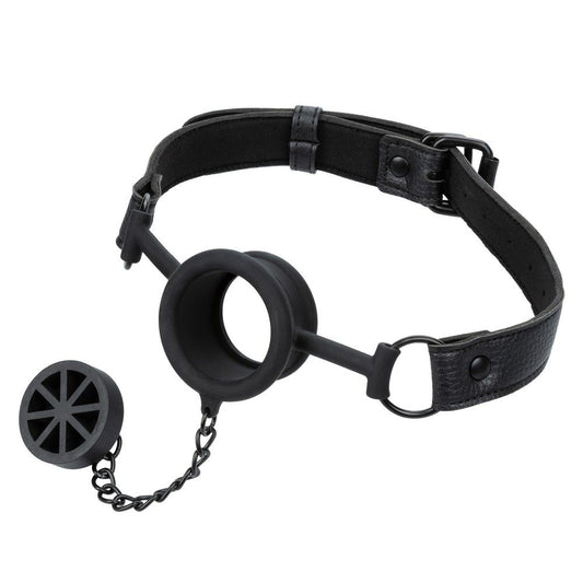 CalExotics Nocturnal Collection Stopper Gag with silicone mouthpiece, adjustable strap, and double-stitched design for open or closed mouth bondage play