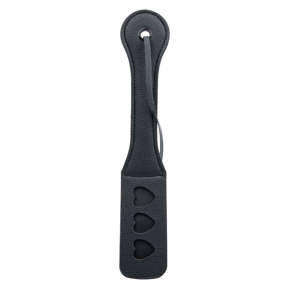 Black leather strap with heart cutouts on a white background