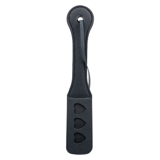 Black leather strap with heart cutouts on a white background
