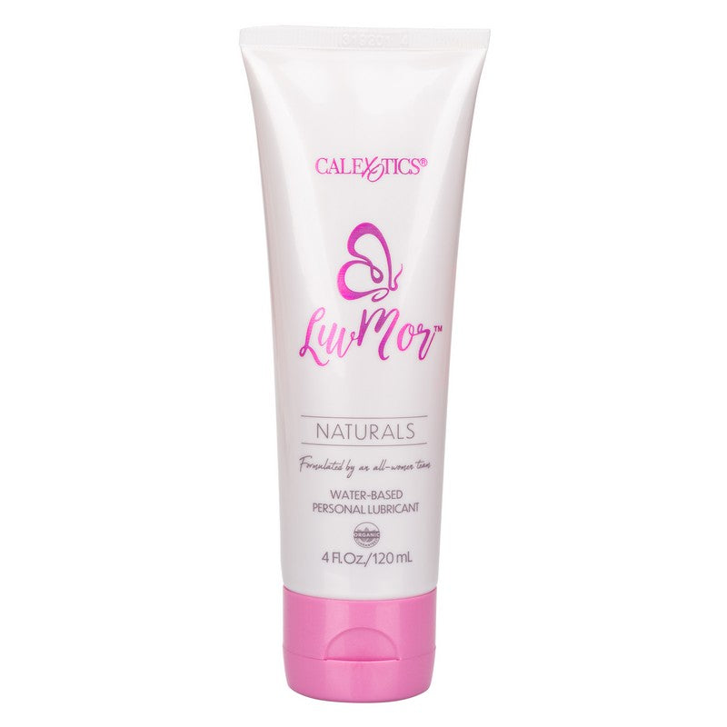 Tube of CalExotics Luvmor Water-Based Lube, 4 oz size, with a white and pink color scheme.