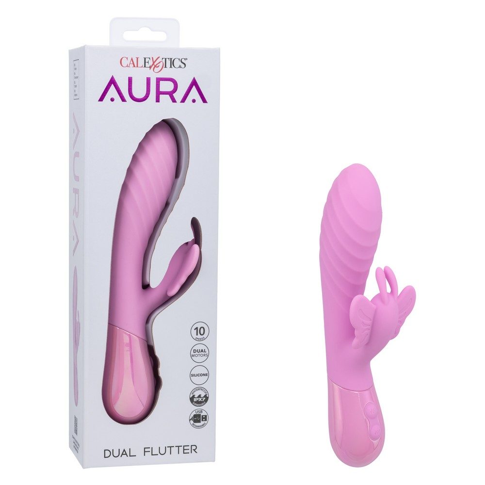 CalExotics Aura Dual Flutter – dual-motor rippled silicone vibrator with fluttering butterfly clitoral stimulator, waterproof and rechargeable